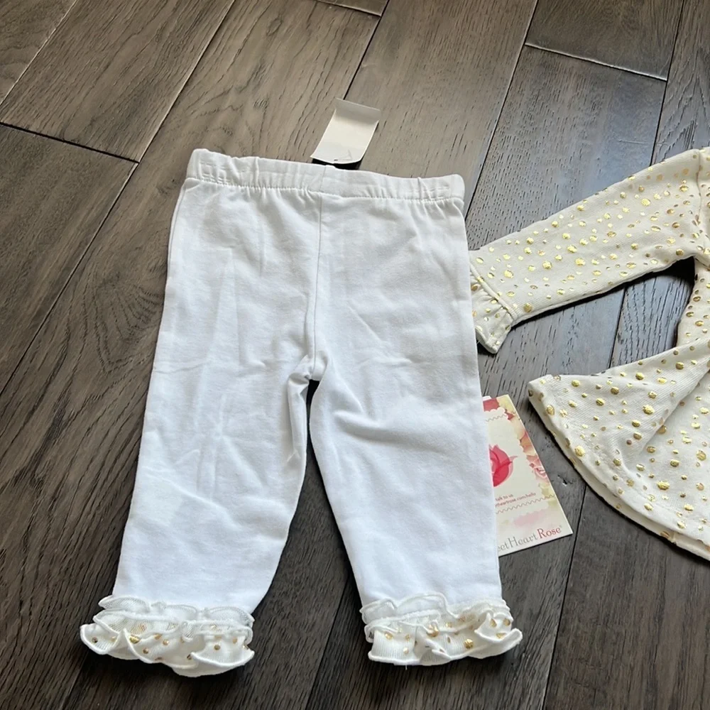 NWT Gold polkadot/ruffle longsleeve dressy shirt with matching  ruffle leggings